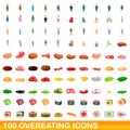 100 overeating icons set, cartoon style