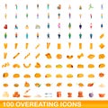 100 overeating icons set, cartoon style