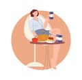 Overeating overdrinking concept. Happy woman drink beer or lemonade, eating chicken, cake and fruits in one time. Stress