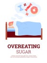 Overeating sugar banner with woman seeing sweets, flat vector illustration.