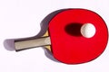 Overexposed Image Of Red Racket And White Ball For Tennis.