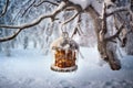 overfilled bird feeder hanging from a tree branch in snow