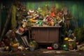 overfilled dumpster with recyclables mixed in