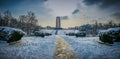 Overfiltered artistic landscape panorama in Carol Park from Bucharest Royalty Free Stock Photo