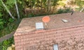 Overflight of the roof of a detached house to check the condition of the satellite antenna for the reception of television and Int