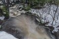 Overflow river Bystrice in Krusne mountains in winter morning