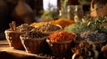 Overflowing baskets showcasing a diverse collection of aromatic herbs and spices Royalty Free Stock Photo