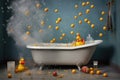 overflowing bathtub with rubber duck and bubbles floating Royalty Free Stock Photo