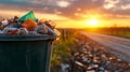 Overflowing bin with waste at sunset on a rural road highlighting environmental concerns Royalty Free Stock Photo