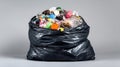 The overflowing black garbage bag filled with assorted plastic waste and debris. AI generated image Royalty Free Stock Photo