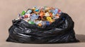 The overflowing black garbage bag filled with plastic waste and debris. AI generated image Royalty Free Stock Photo