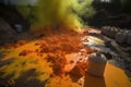 an overflowing chemical waste dump, spilling toxic substances onto the ground