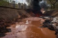 an overflowing chemical waste dump, spilling toxic substances onto the ground