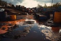 an overflowing chemical waste dump, spilling toxic substances onto the ground