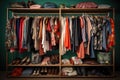 An overflowing closet housing a wide variety of clothing and shoes to cater to every possible need, Shelves full of women\'s