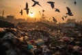 Overflowing dumpsite attracts scavenging birds, showing dire consequences of waste mismanagement