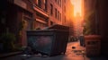 An overflowing dumpster in an alley behind a fancy restaurant, Generative AI