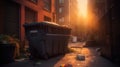 An overflowing dumpster in an alley behind a fancy restaurant, with sunrise on background, Generative AI Royalty Free Stock Photo