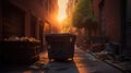 An overflowing dumpster in an alley behind a fancy restaurant, sunrise in background. Generative AI