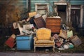 overflowing dumpster with broken furniture