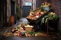 overflowing dumpster with food waste in alley