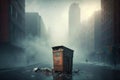 overflowing garbage bin in street against backdrop of city and fog Royalty Free Stock Photo