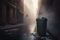 overflowing garbage bin in street against backdrop of city and fog Royalty Free Stock Photo