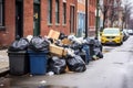 overflowing garbage cans in an urban area