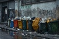 Overflowing garbage containers and bags clutter urban street corner