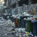 Overflowing garbage containers and bags clutter urban street corner