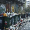 Overflowing garbage containers and bags clutter urban street corner