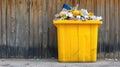 Overflowing garbage containers with a pile of trash. Yellow plastic bin filled to capacity.