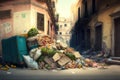 overflowing garbage heap in street after bacchanalia Royalty Free Stock Photo