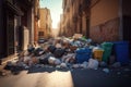 overflowing garbage heap in street after bacchanalia Royalty Free Stock Photo