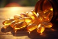 Overflowing of Golden Fish Oil Supplements from Tipped Bottle