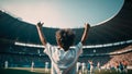 Fervent children football aficionado arms raised high in euphoria. Generative AI