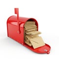 Overflowing red mailbox packed full of envelopes and letters Royalty Free Stock Photo