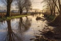 overflowing river banks near submerged fields