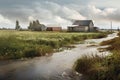 overflowing river engulfing a nearby agricultural landscape