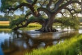 An Overflowing River Engulfs an Ancient Oak Tree: Water Swirling Around Its Trunk, Branches Partially Submerged