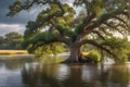 An Overflowing River Engulfs an Ancient Oak Tree: Water Swirling Around Its Trunk, Branches Partially Submerged