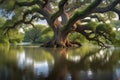 An Overflowing River Engulfs an Ancient Oak Tree: Water Swirling Around Its Trunk, Branches Partially Submerged