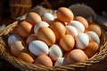 Overflowing straw basket a farmtotable delight of fresh eco eggs Royalty Free Stock Photo