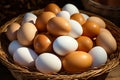 Overflowing straw basket a farmtotable delight of fresh eco eggs Royalty Free Stock Photo