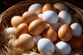 Overflowing straw basket a farmtotable delight of fresh eco eggs Royalty Free Stock Photo