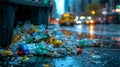 Overflowing streetside bin with plastic waste on rainy urban night Royalty Free Stock Photo
