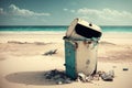 An Overflowing Trash Bin On A Beach, With The Sea In The Background