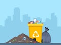 Overflowing trash can. Food garbage in waste bin with nasty smell. Rubbish dump and trash recycling, black bags with trash. City Royalty Free Stock Photo