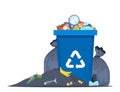 Overflowing trash can. Food garbage in waste bin with nasty smell. Rubbish dump and trash recycling, black bags with trash. Vector Royalty Free Stock Photo