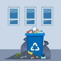 Overflowing trash can. Food garbage in waste bin with nasty smell. Rubbish dump and trash recycling, black bags with trash. Vector Royalty Free Stock Photo